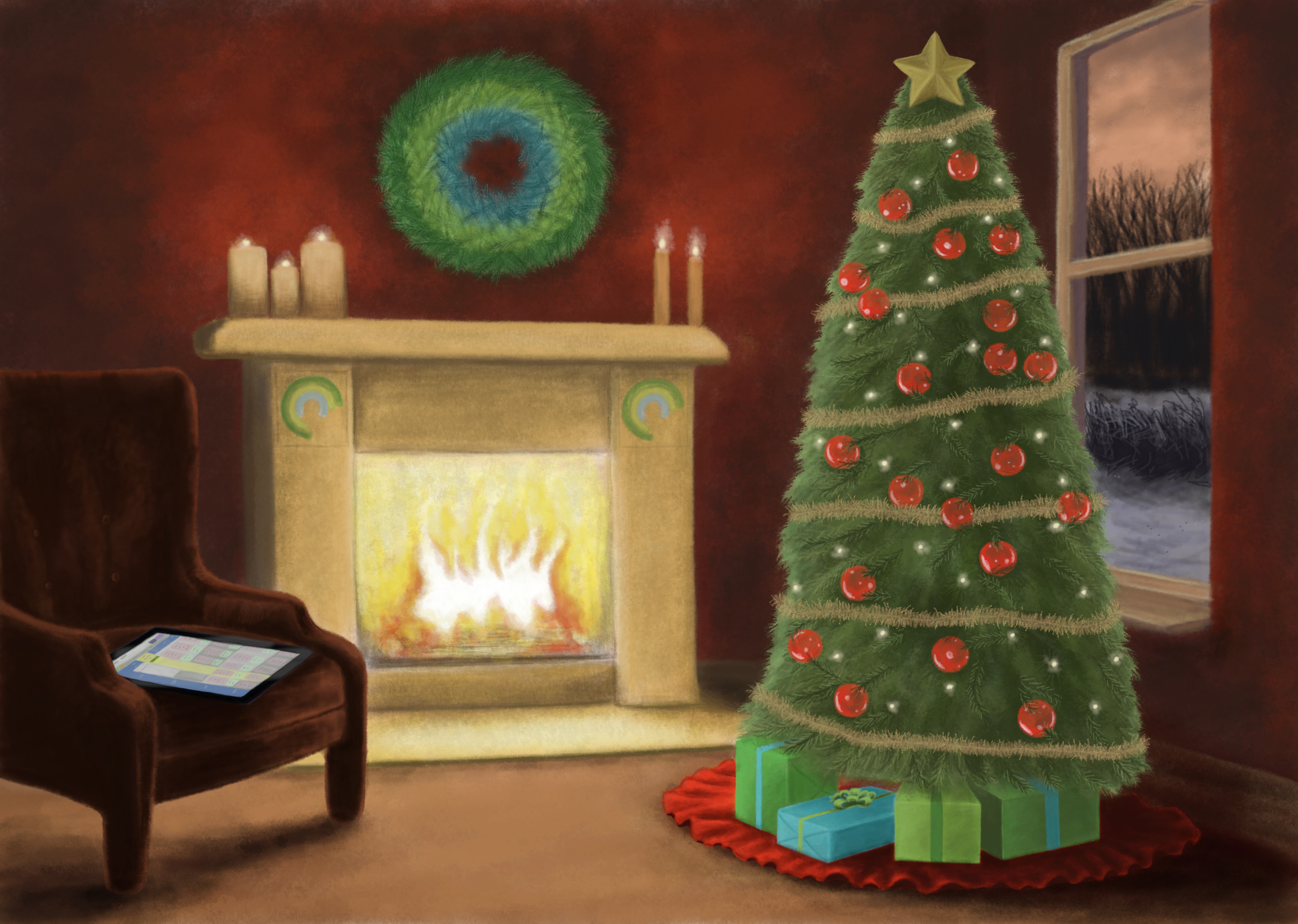 Illustrated Christmas tree, with presents underneath that match the Three Rings brand colours, and a wreath in the Three Rings brand colours above a fireplace