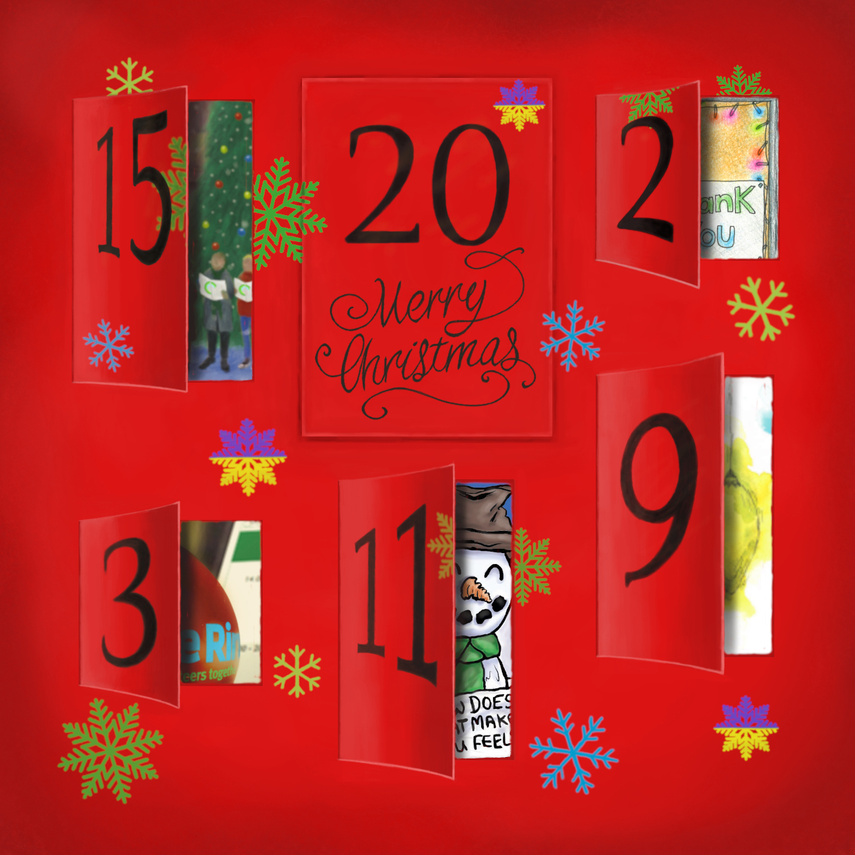 Advent calendar, with previous Three Rings Christmas card photos peaking out behind open doors. Door 20 is closed and says 'Merry Christmas'