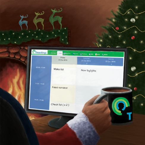 A monitor with a rota on describing activities like 'make a list', 'feed reindeer', 'check list twice' and 'new foglights' across the 23rd and 24th December. A hand holding a Three Rings branded mug is in the image, with a red jacket and white fur trim just visible on the person's arm