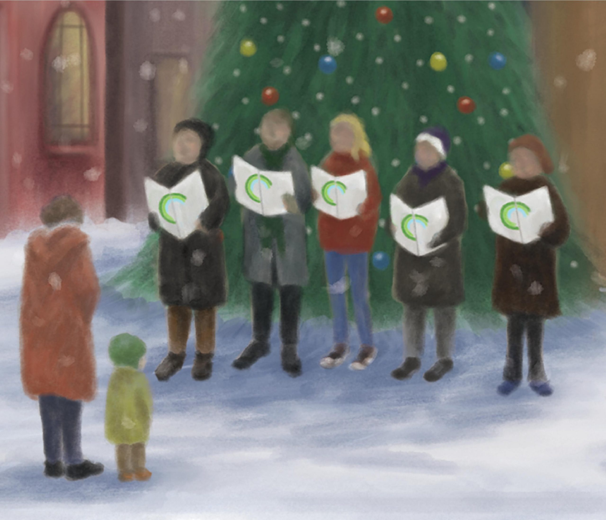 Carol singers singing in front of a Christmas tree, holding song cards that have the Three Rings roundel on the back of the cards