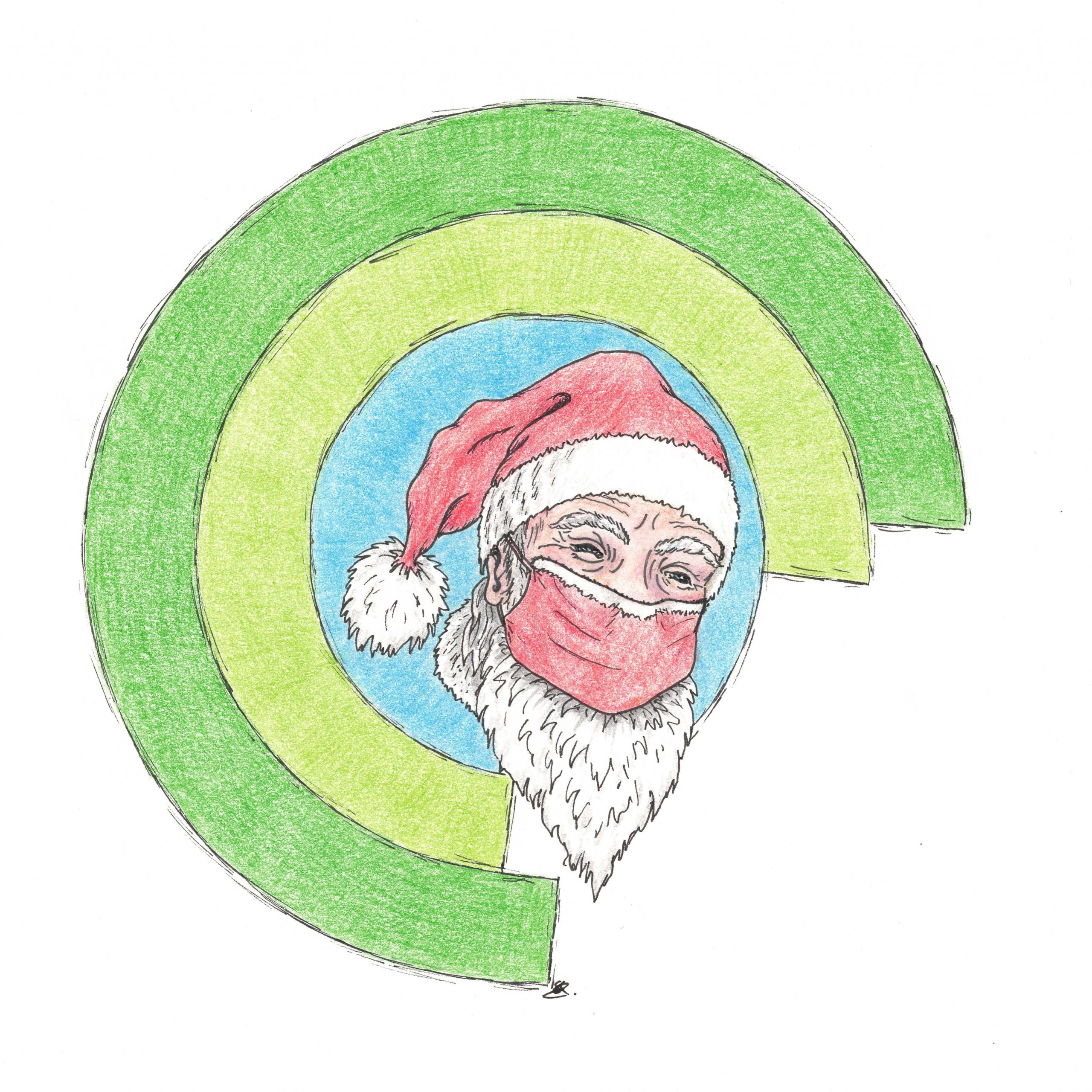 Handdrawn image of Father Christmas wearing a facemask, on top of the Three Rings roundel