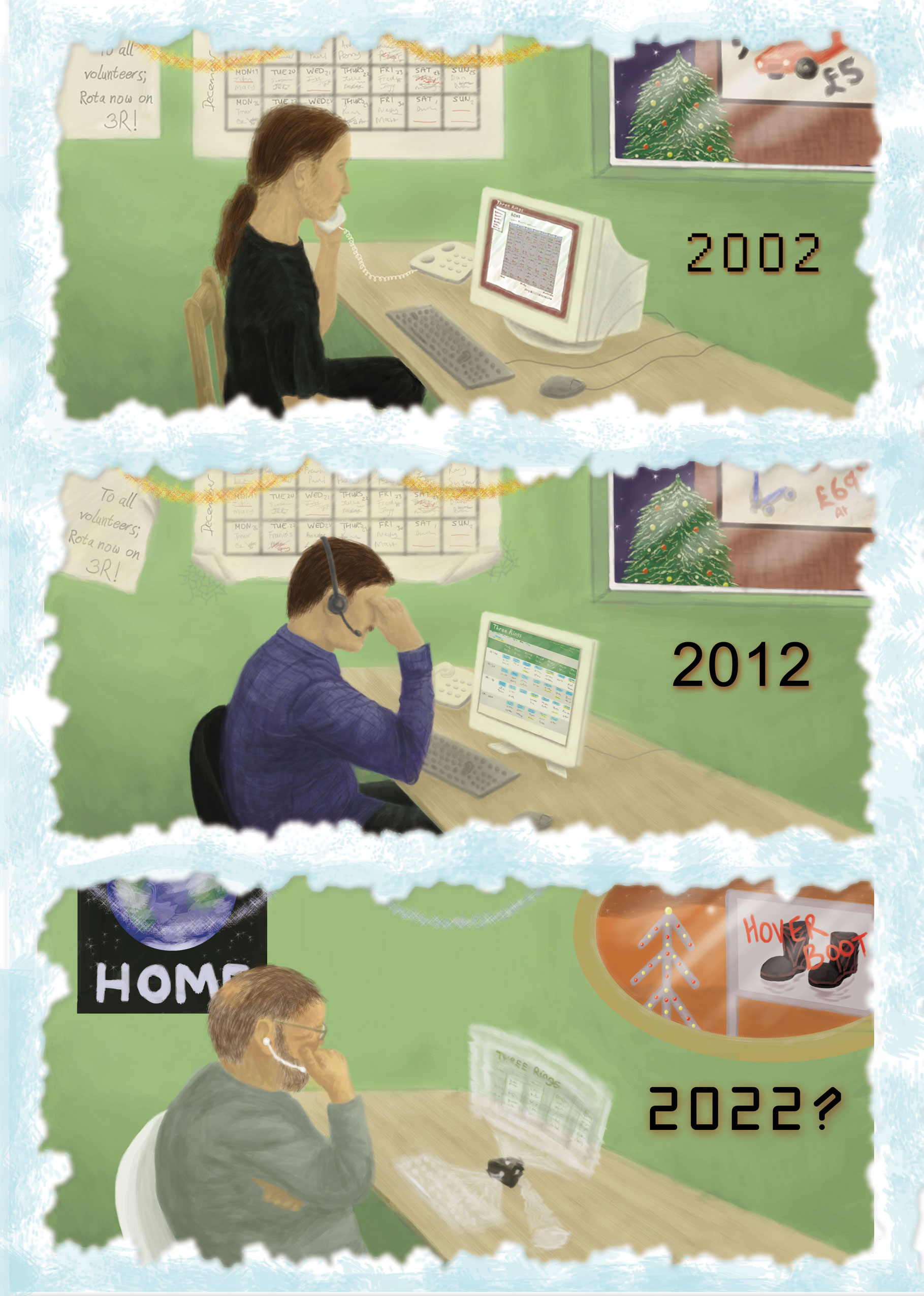 Three panels - the first is showing an old fashioned bulky white monitor with a rota on it, and poster on the wall showing a car for sale for £5, and a volunteer on a cord phone, and the date 2002 overlayed across the panel. In the second panel, which is labelled 2012, it shows a volunteer on a headset, looking at a slimline screen, with a Three Rings rota on it, and a poster in the background advertising a scooter for £69. In the third panel, labelled 2022, there's a hologram device on the table showing a rota, in front of a volunteer wearing an earpiece, and a poster in the background showing hover boots. 