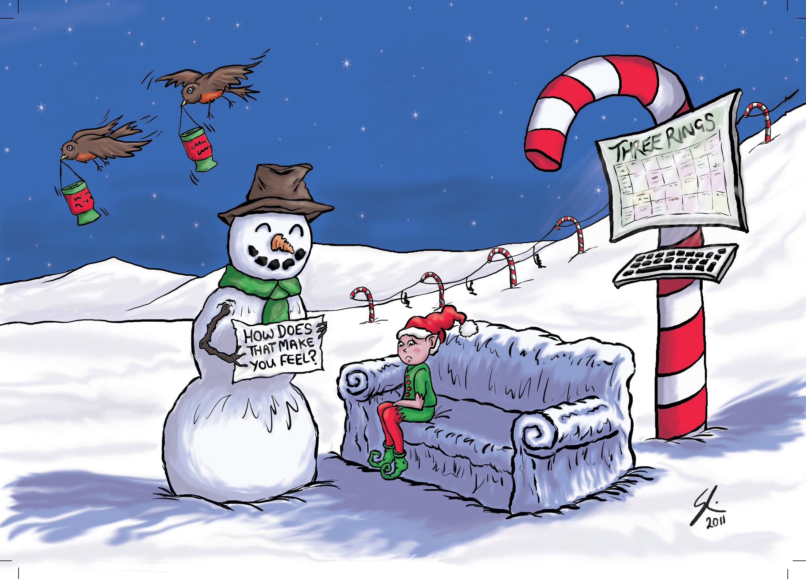 An elf on a sofa, looking sad, in front of a snowman, who's holding up a sign that says 'how does that make you feel?'. There's a candycane in the background that has a keyboard and monitor attached, and the monitor shows the Three Rings rota