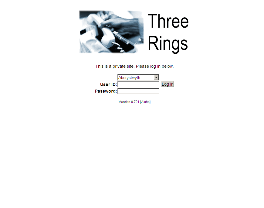A screenshot of the Three Rings login page from around 2004