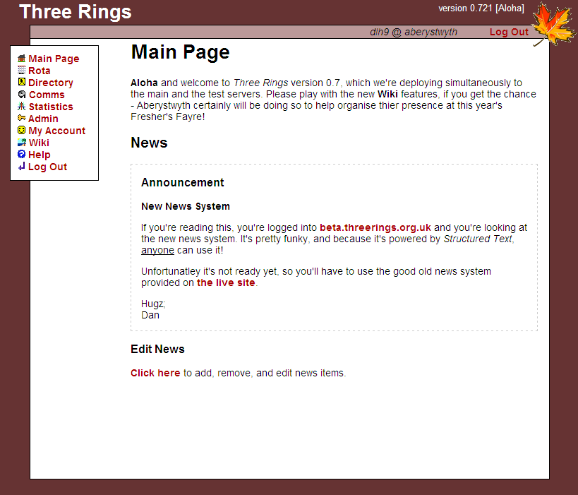 Screenshot of the "Main Page" (what we'd now call Overview) of Three Rings in an early version