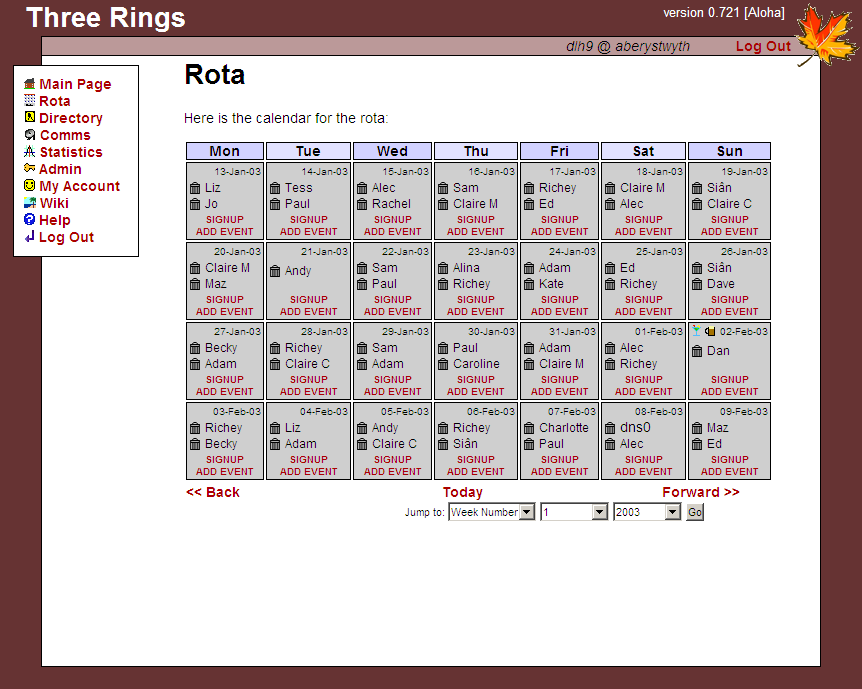A screenshot of the Rota page as it appeared for January 2003