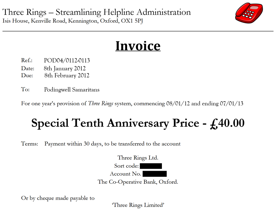 Picture of a dummy Three Rings invoice for 2012: we will be charging a maximum of £40 for any organisation using Three Rings in 2012!