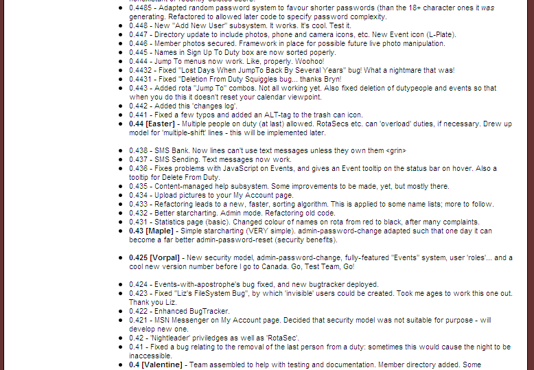 Screenshot of the change list for some of the earlier versions of Three Rings