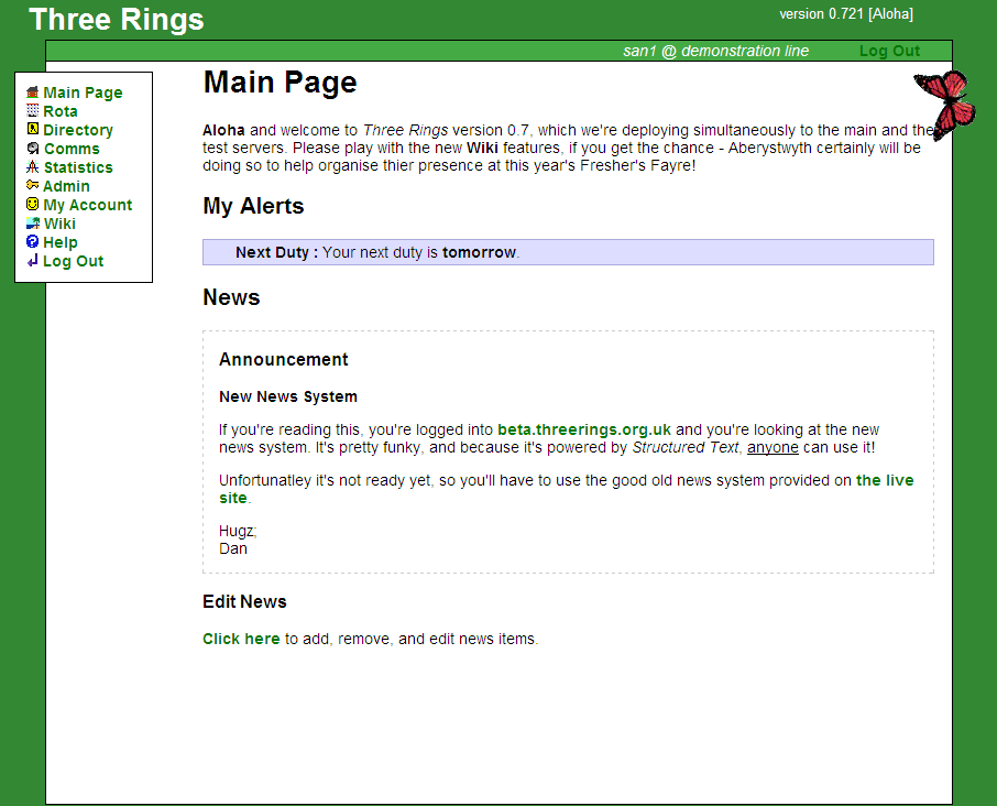Screenshot showing the same "Main Page" of the early version of Three Rings, but with a different visual theme, with a green background to indicate Spring