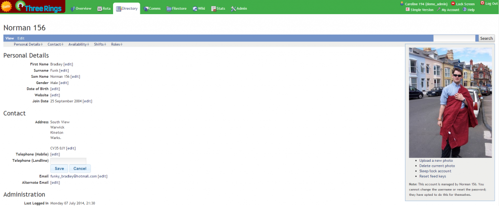 Screenshot of a self-managed Three Rings account, for the fictional "Norman 156"