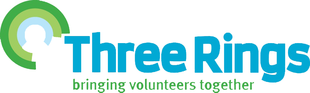 The new Three Rings Logo: Three concentric rings, which are open at the bottom left. The centre of the rings forms the loose outline of a person. The text reads "Three Rings: bringing volunteers together"