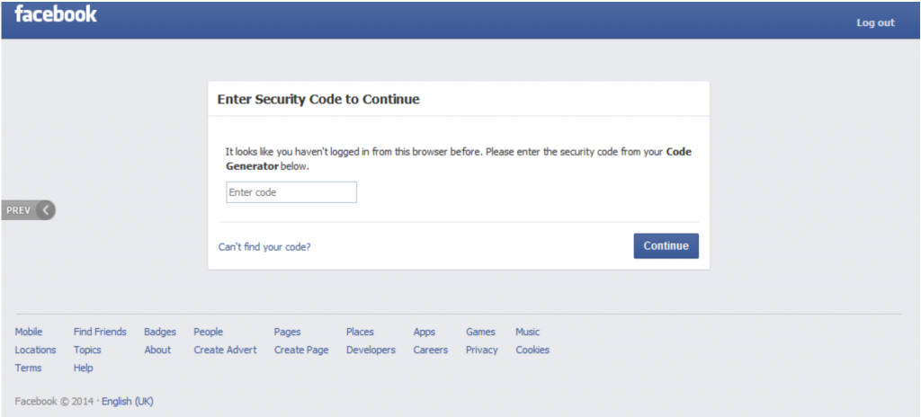 Screenshot of the Facebook login page asking for a two-factor authentication code