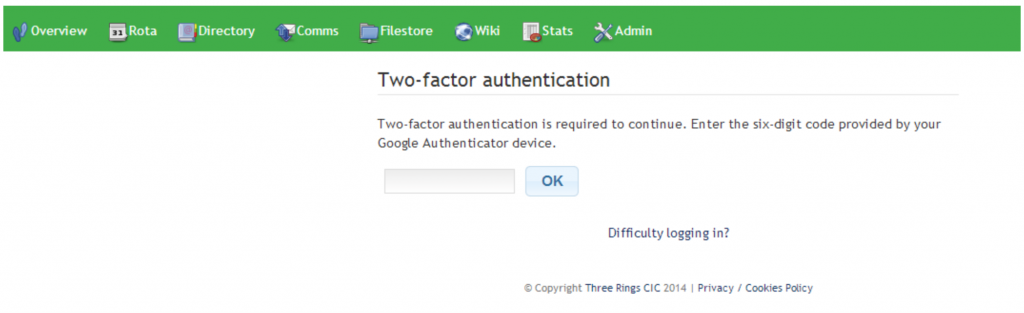 Screenshot of the Two-Factor prompt when logging into Three Rings