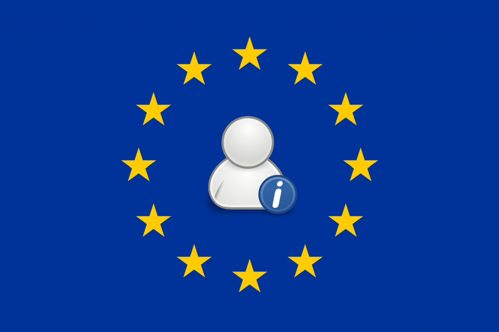 An image of the EU Flag, defaced by the addition of a sillhouette cartoon of a person wearing a small blue 'i' information badge
