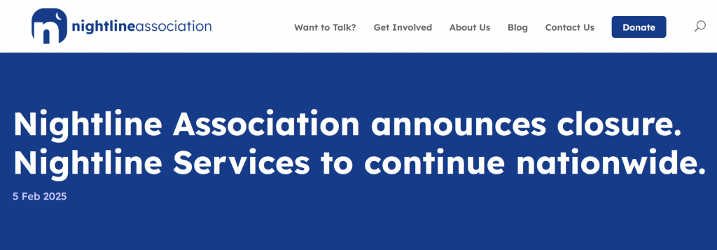 Screengrab of the Nightline Association's announcement of their closure