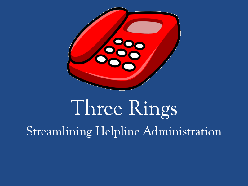 The Three Rings Logo as it has been until today: a large red telephone above the words "Three Rings: Streamlining Helpline Administration" in the Goudy Old Style typeface