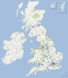 A map of the UK, marking the location of every organisation currently using Three Rings